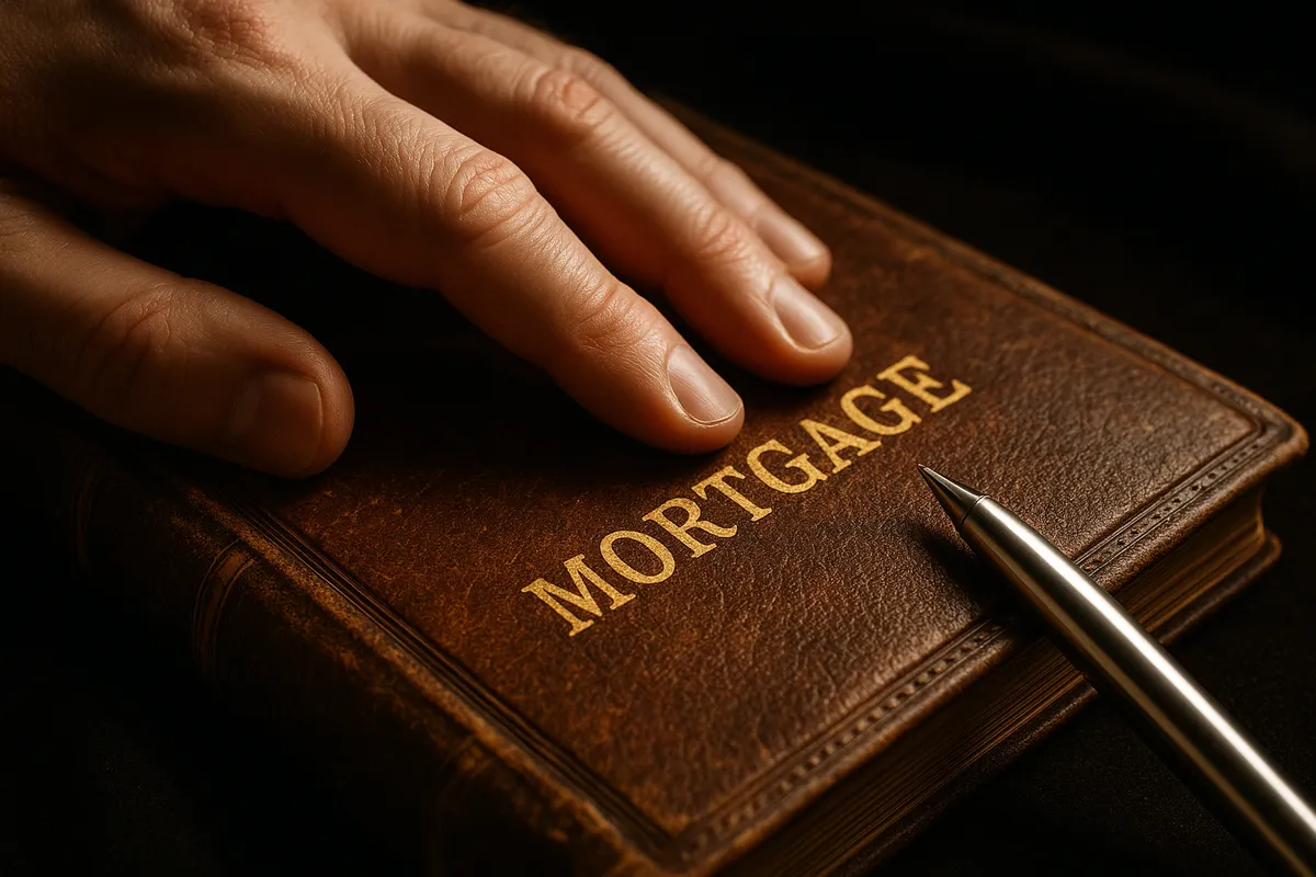 A hand rests on a vintage mortgage document with a silver pen nearby, symbolizing debt management.